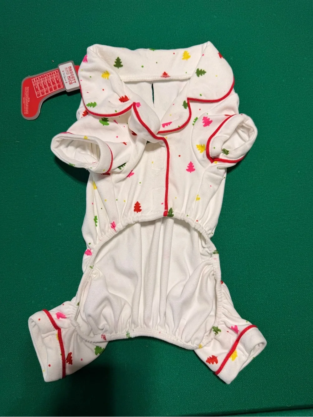 Size S Holiday Tree Print White Dog Pajamas with Red Trim